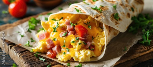 Breakfast burrito with scrambled eggs, cheese, and ham in a tortilla. photo