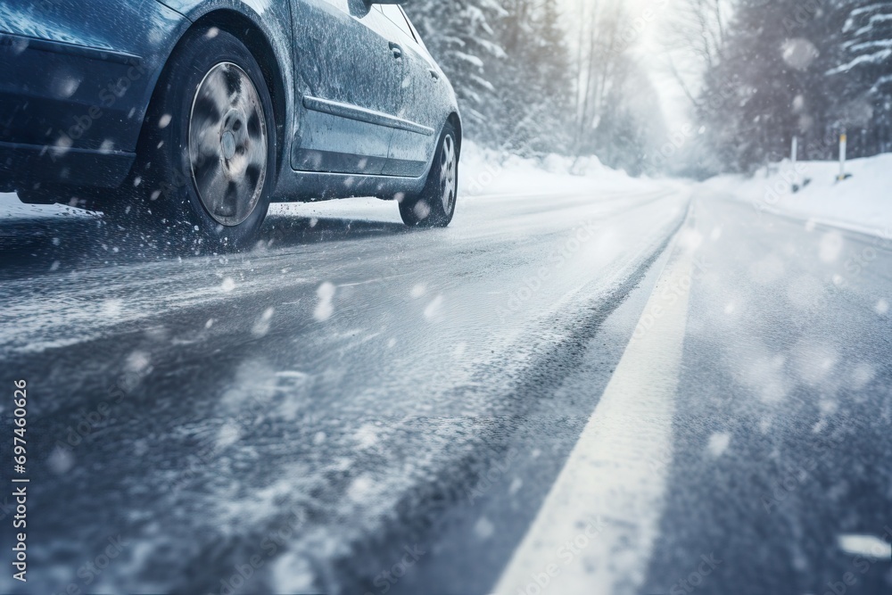 Closeup of winter car tires. Vehicle on snowy way at snowfall. Car's wheels spin and spew up pieces of snow as it attempts to gain traction on the road covered with snow Closeup of winter car tires. Vehicle on snowy way at snowfall. Car's wheels spin and spew up pieces of snow as it attempts to gain traction on the road covered with snow