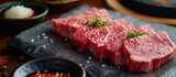 High-quality Wagyu beef slices with marbled texture.