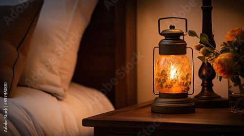 An antique lantern on a bedside table, housing a batteryoperated flameless candle with a flicker setting, creating a safe and hasslefree option for rusticinspired decor. photo