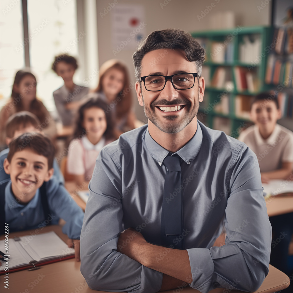 Male teacher smiling in front of his students in a school classroom Male teacher smiling in front of his students in a school classroom