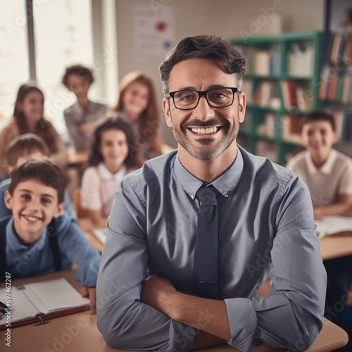 Male teacher smiling in front of his students in a school classroom 