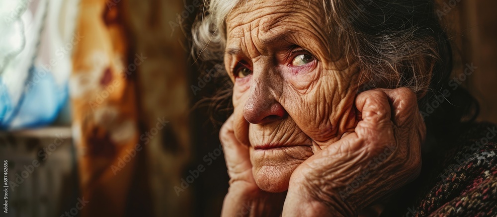 Elderly woman suffering from various ailments and emotional distress in a retirement facility. Conditions include memory loss, sadness, and physical pain.