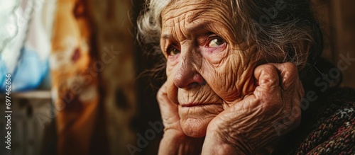 Elderly woman suffering from various ailments and emotional distress in a retirement facility. Conditions include memory loss, sadness, and physical pain.