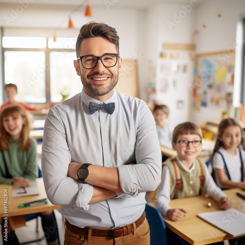 Male teacher smiling in front of his students in a school classroom 