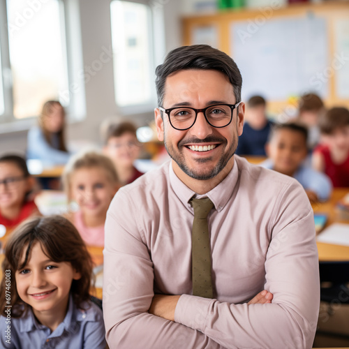 Male teacher smiling in front of his students in a school classroom 
