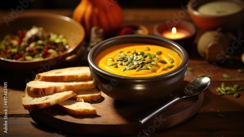 The camera lens focuses on a hearty bowl of creamy pumpkin soup, adorned with a drizzle of olive oil and a sprinkle of toasted pepitas. The vibrant orange color of the soup contrasts elegantly
