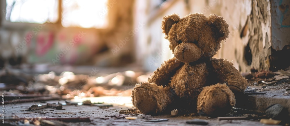 Sad broken teddy bear toy with missing head - obrazy, fototapety, plakaty 