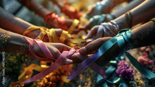 Hands intertwined with awareness ribbons, showcasing a commitment to various health and social causes.
