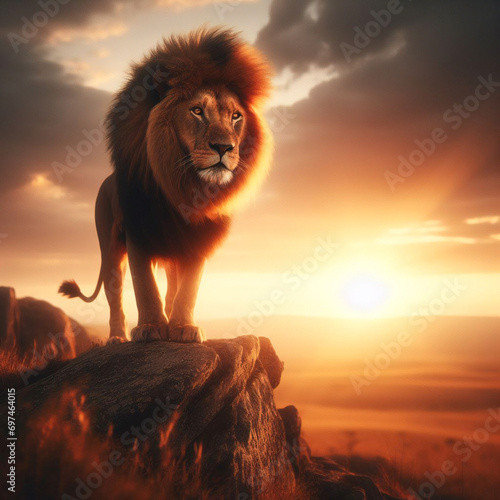 Fotobehang un león parado sobre una roca en medio de una zona desértica con montañas al fon