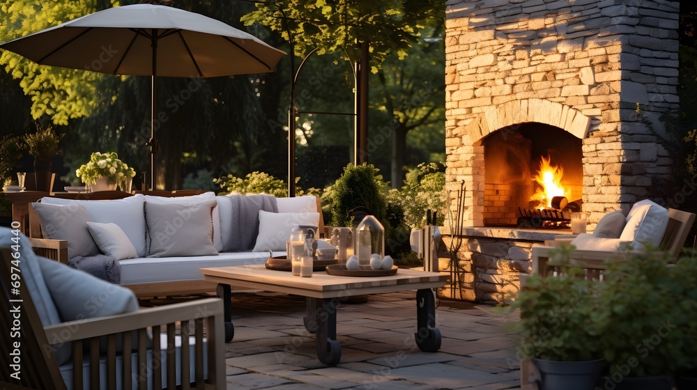Serene backyard patio with outdoor seating and a fireplace - obrazy, fototapety, plakaty 
