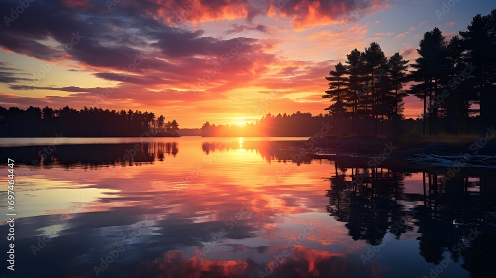 Serene reflection of a sunset on a calm lake,