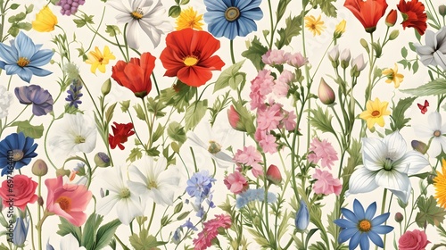 Seamless floral illustration featuring a medley of wildflowers and garden blooms