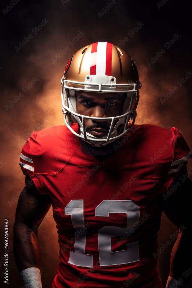 Focused American Football Player in Red Uniform Poised for Victory