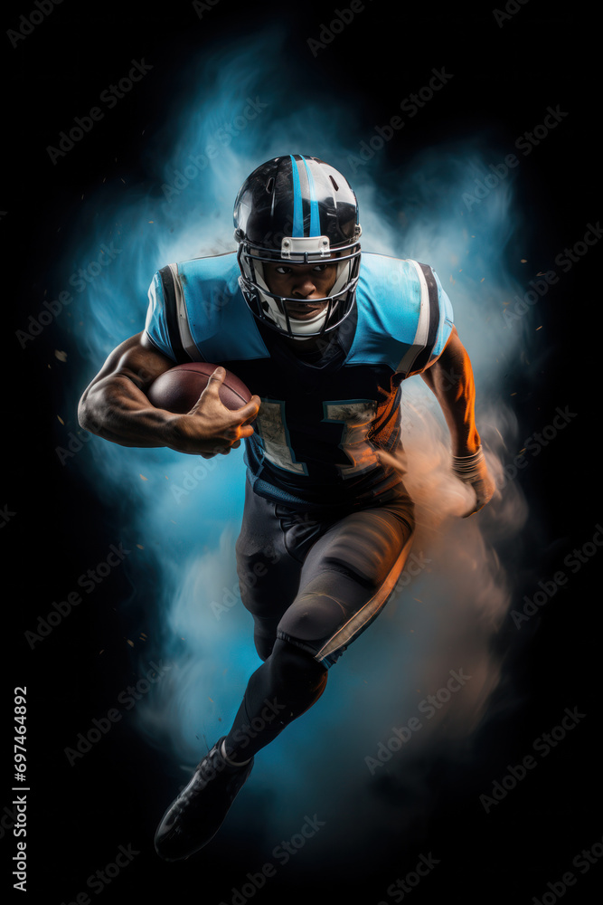 Determined American Football Player in Blue Charging through Smoke