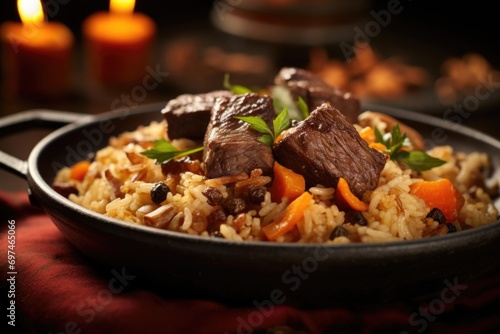 Experience the epitome of comfort cuisine with this homestyle plov, where shortgrain rice forms a delightful base for meltinyourmouth beef short ribs, cooked to tender perfection and gently photo