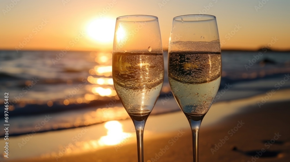 The light from the setting sun glistens on the crystal surface of two champagne glasses p lovingly on the beach.