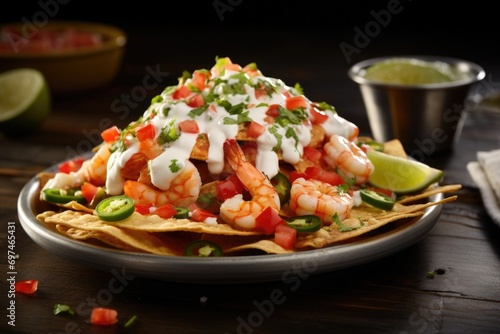 A visually captivating shot capturing a symphony of flavors and textures, where the ery crunch of golden tortilla chips meets a gooey cheese blend, crowned with tender grilled shrimp, vibrant