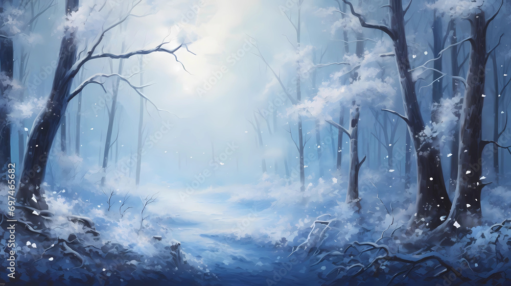 winter season nature painting of a cold snowy and foggy forest landscape