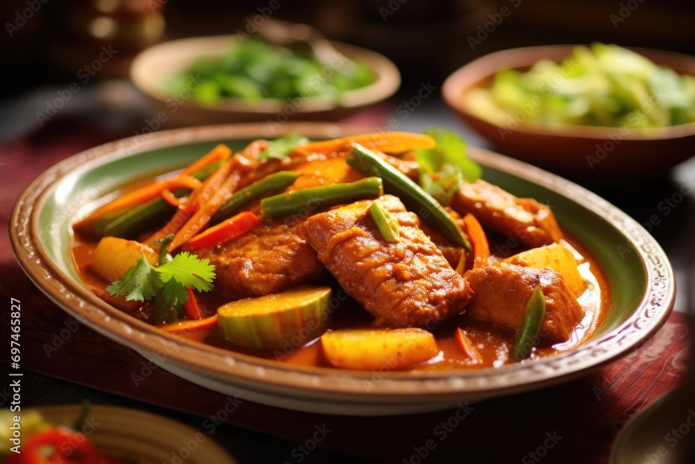 A tantalizing capture of a plate of Assam Pedas, showcasing a tangy and y fish curry simmered with tamarind juice, lerass, turmeric, and an assortment of fresh vegetables, creating a harmonious A tantalizing capture of a plate of Assam Pedas, showcasing a tangy and y fish curry simmered with tamarind juice, lerass, turmeric, and an assortment of fresh vegetables, creating a harmonious
