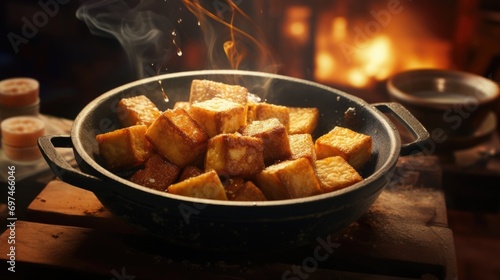 A delightful snack known as Stinky Tofu steals the spotlight in this image. Despite its pungent aroma, the deepfried tofu has a crispy exterior and a soft, creamy interior. Paired with a photo