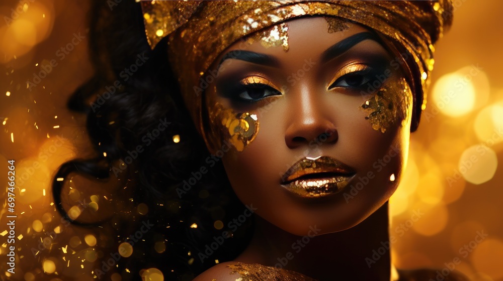 Elegant woman with golden makeup and headwrap against glittering backdrop. Beauty and elegance. Elegant woman with golden makeup and headwrap against glittering backdrop. Beauty and elegance.