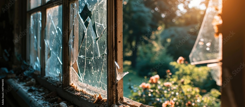 Burglar breaks sliding glass door to gain access to residence. - obrazy, fototapety, plakaty 
