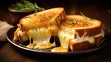 This captivating shot portrays a delectable white bread grilled cheese sandwich, oozing with melted cheddar cheese and perfectly browned until the cheese forms a delightful stringy pull,