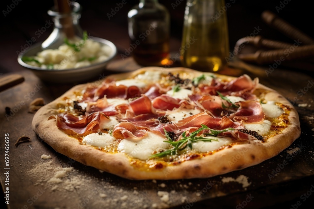 A visually stunning shot featuring a rustic, woodfired pizza baked to perfection, its crust reminiscent of a crisp golden spectacle, adorned with delicate shreds of smoky prosciutto, creamy