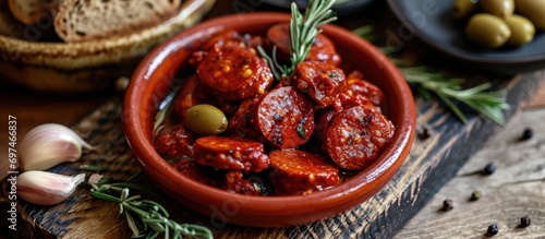 Traditional Mediterranean cured and smoked spicy paprika sausage, cooked in red wine with garlic and green olives. Popular Spanish hot tapas. photo