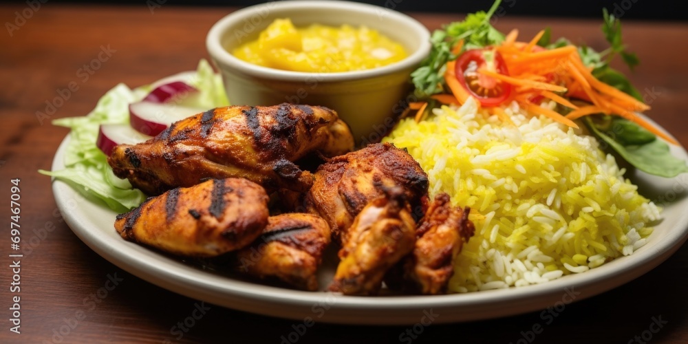 A delectable snapshot of Ayam Percik, displaying a perfectly grilled chicken thigh smothered in a luscious mixture of coconut milk, lerass, ginger, and chili, accompanied by a side of aromatic A delectable snapshot of Ayam Percik, displaying a perfectly grilled chicken thigh smothered in a luscious mixture of coconut milk, lerass, ginger, and chili, accompanied by a side of aromatic