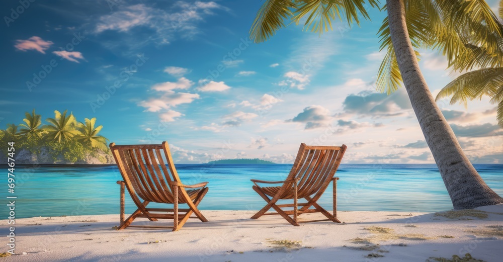 Postcard Moments: Tropical Tranquility in Sandy Seclusion,relaxation, romance, and escape, highlighting the beauty of a sandy beach with chairs, surrounded by tropical landscapes