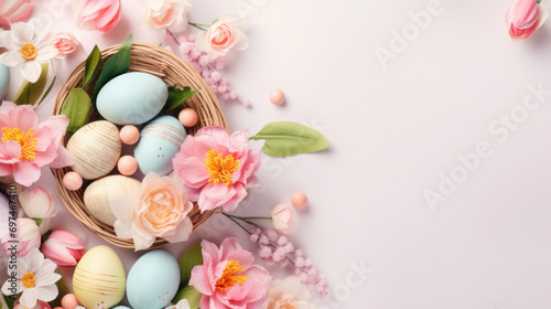 A festive Easter basket adorned with pastel-colored eggs and a variety of delicate spring flowers, symbolizing renewal.