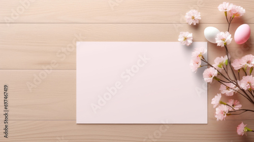 A clean Easter card mockup on a wooden surface, complemented by soft pink cherry blossoms and a selection of pastel-colored eggs.
