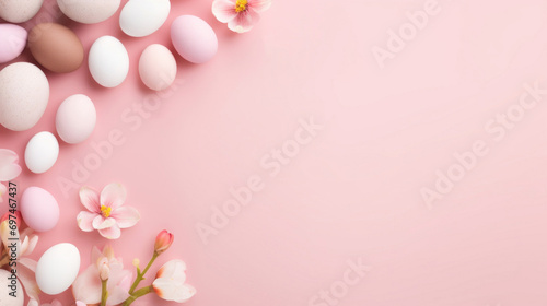 Soft pink Easter eggs and delicate blossoms arranged on a smooth pastel pink background.