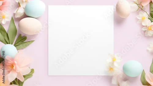 A creative Easter frame with pastel eggs and blooming spring flowers on a soft pink background.