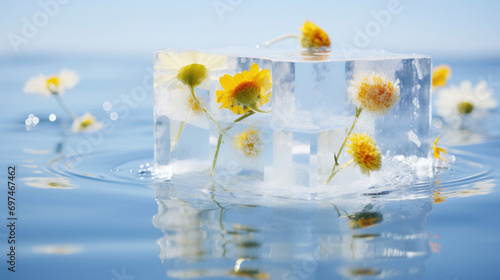Delicate wildflowers encased in ice cubes, gently floating on the surface of serene blue water. © tashechka