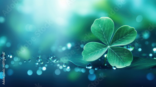 A single four-leaf clover lies amongst water droplets, on a luminous blue-toned background symbolizing luck.