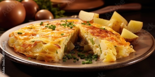 A platter adorned with bitesized portions of creamy Spanish tortilla, holding together a delightful combination of fluffy eggs, saut ed onions, and tender potato cubes, making it an instant photo