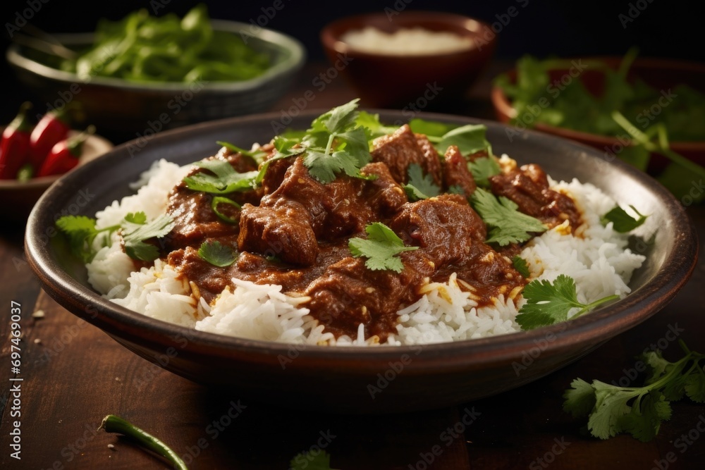 This vibrantly captured shot showcases a bowl of flavorsome Beef Rendang. The slowcooked beef, coated in a rich and aromatic blend of es, melts in the mouth and is accompanied by a generous This vibrantly captured shot showcases a bowl of flavorsome Beef Rendang. The slowcooked beef, coated in a rich and aromatic blend of es, melts in the mouth and is accompanied by a generous