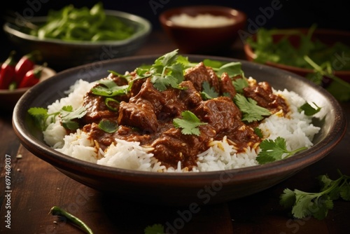 This vibrantly captured shot showcases a bowl of flavorsome Beef Rendang. The slowcooked beef, coated in a rich and aromatic blend of es, melts in the mouth and is accompanied by a generous