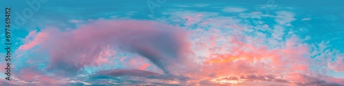Sunset sky panorama with bright glowing pink Cirrus clouds. HDR 360 seamless spherical panorama. Full zenith or sky dome in 3D, sky replacement for aerial drone panoramas. Climate and weather change. © svetograph