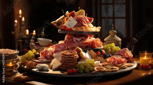 A captivating image of a festive platter boasting generous slices of ham, each delicately scored and glazed with a blend of es, offering a harmonious balance of savory and sweet notes. photo