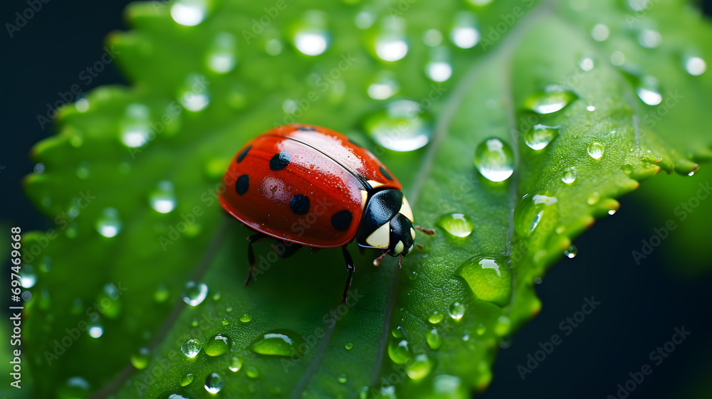 Fototapeta premium Ladybug on a Dewy Leaf