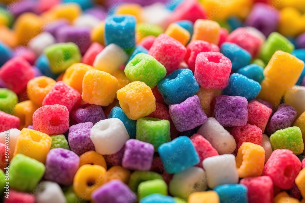A topdown view showcases a playful array of mini cereal squares cascading from a retrostyle dispenser. The bright, cheerful colors and e shapes evoke a sense of childhood nostalgia. A topdown view showcases a playful array of mini cereal squares cascading from a retrostyle dispenser. The bright, cheerful colors and e shapes evoke a sense of childhood nostalgia.