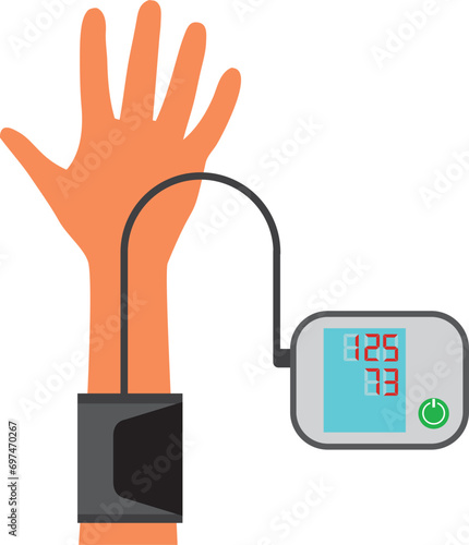 Doctor measuring patient blood pressure. Checking arterial blood pressure digital device tonometer. Healthcare concept. Illustration flat design. Medical equipment. Monitoring health.
