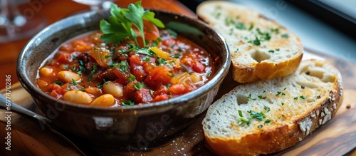 Bread accompanied by bean, tomato, bacon, and sausage stew.