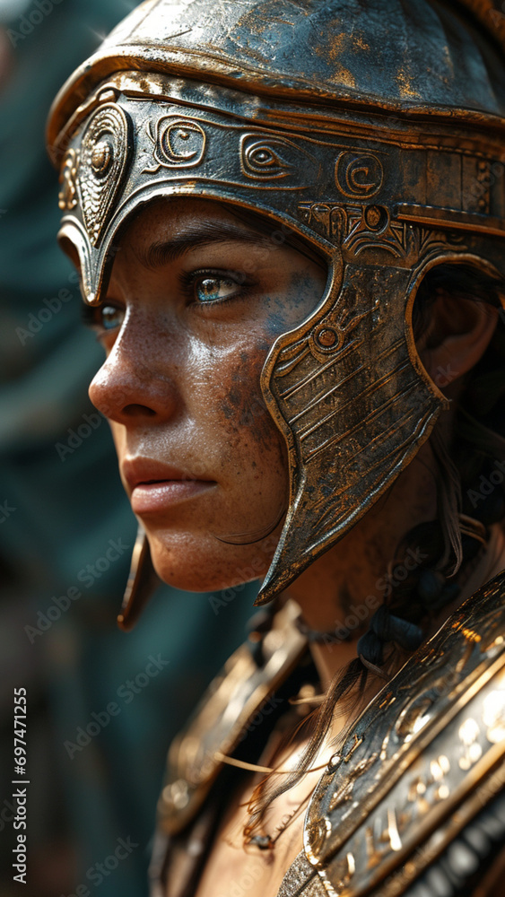 Close-up portrait of a beautiful girl in a helmet of iron.