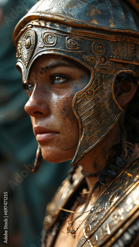 Close-up portrait of a beautiful girl in a helmet of iron.