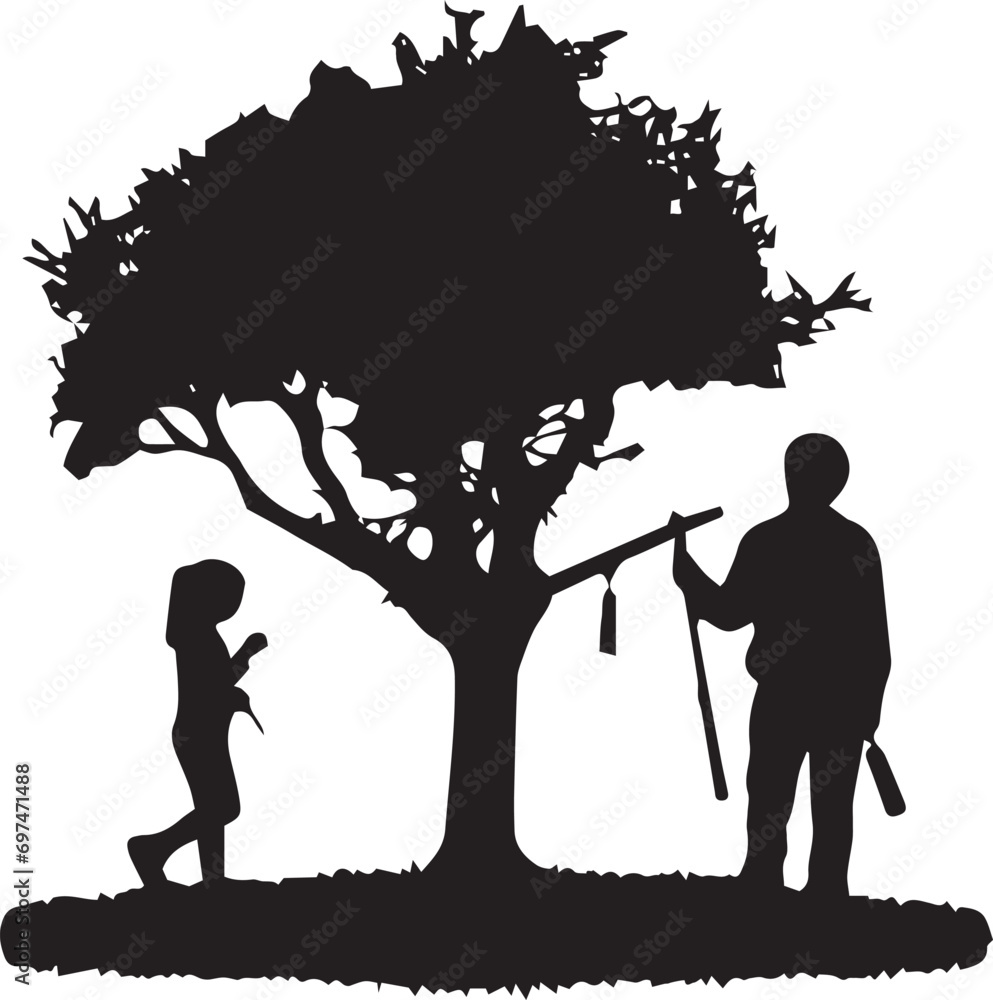 Children playing with a tree silhouette vector illustration Children playing with a tree silhouette vector illustration